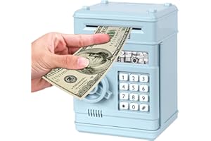 Renvdsa Cartoon Electronic ATM Password Piggy Bank Cash Coin Can Auto Scroll Paper Money Saving Box Gift for Kids (Light Blue)