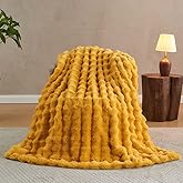 Lotus Karen Faux Fur Throw Blanket Ginger Yellow - Big Bubble Rabbit Fluff Blanket for Couch Bed Sofa,Softest Fluffy Fuzzy Cozy Blanket,Thick Furry Plush Shaggy Warm Blankets for Women,50x60 Inches