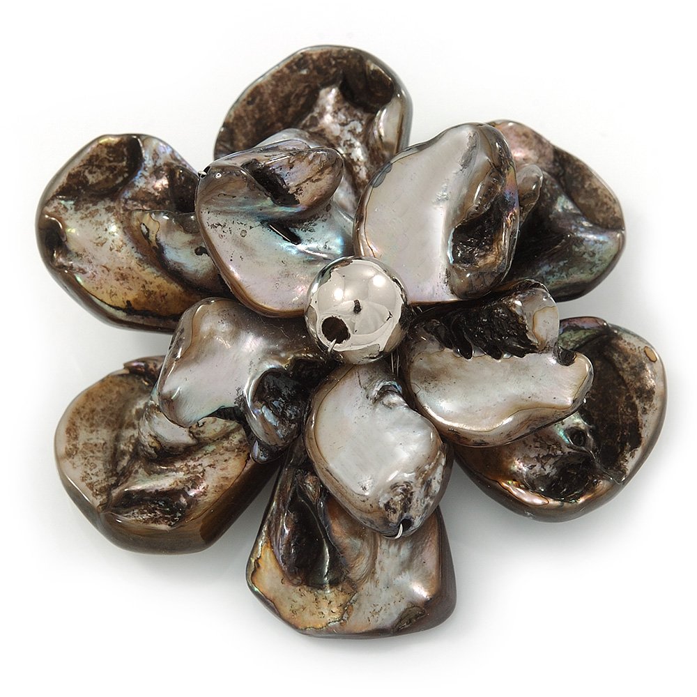 Black Shell Flower Brooch - 75mm