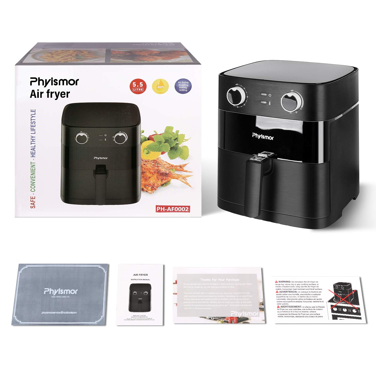 Air Fryer 5.8Qt, Phyismor Air Fryer Oven Oillness Cooker with Temperature & Timer Control, Aluminum Fryer Bakset, Dishwasher Safe ...