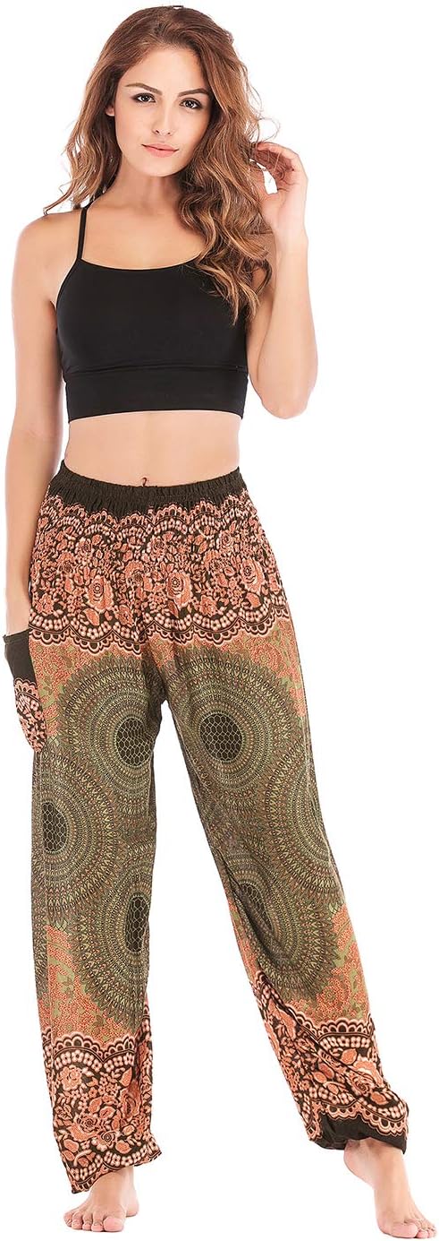 OMZIN Women's Thai Harem Trousers Boho High Waist Loose Yoga Pants