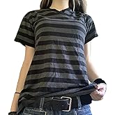 Women Y2k Striped Grunge Shirt Short Sleeve Crewneck T-Shirts Vintage 90s Goth Aesthetic Emos Tops Fairycore Clothes