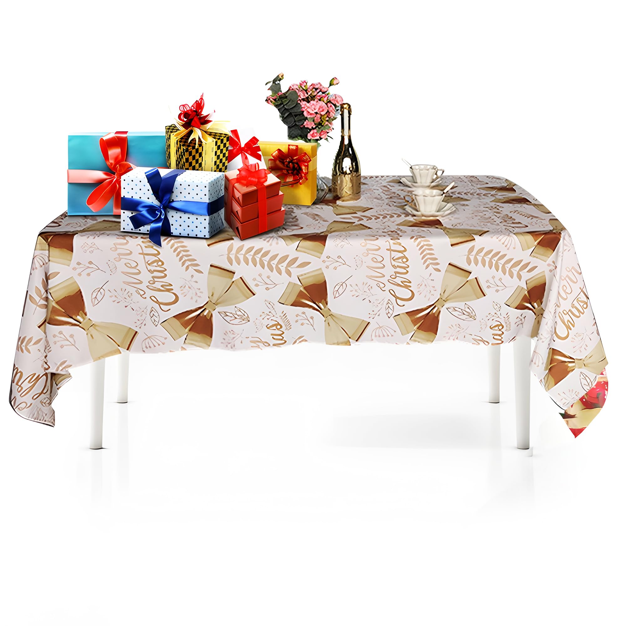 WedDecor Christmas Table Cloth Rectangle Polyester Tablecloth with Merry Christmas Print White Table Cloth Cover for Christmas, Buffet Table, Party, Holiday Dinner (60 x 84 Inch- White and Gold)