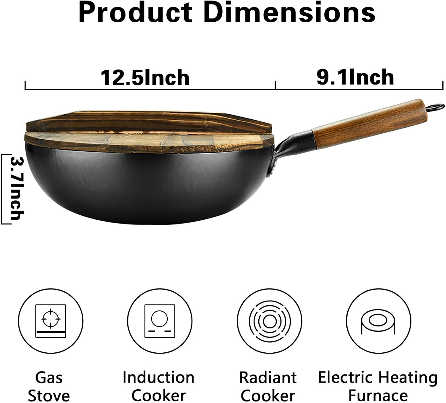 Wok pan carbon steel wok For gas stoves And electric Induction, 12.5 inch non-stick wok With wooden spatula And lid: Kitchen & Dining