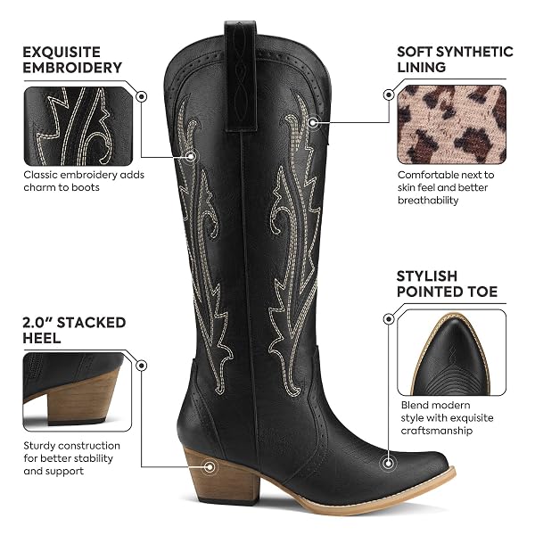 ROLLDA COWBOY BOOTS FOR WOMEN COWGIRL BOOTS EMBROIDERED KNEE-HIGH WESTERN BOOTS POINTY TOE WITH CHUNKY HEEL BLACK SIZE 11