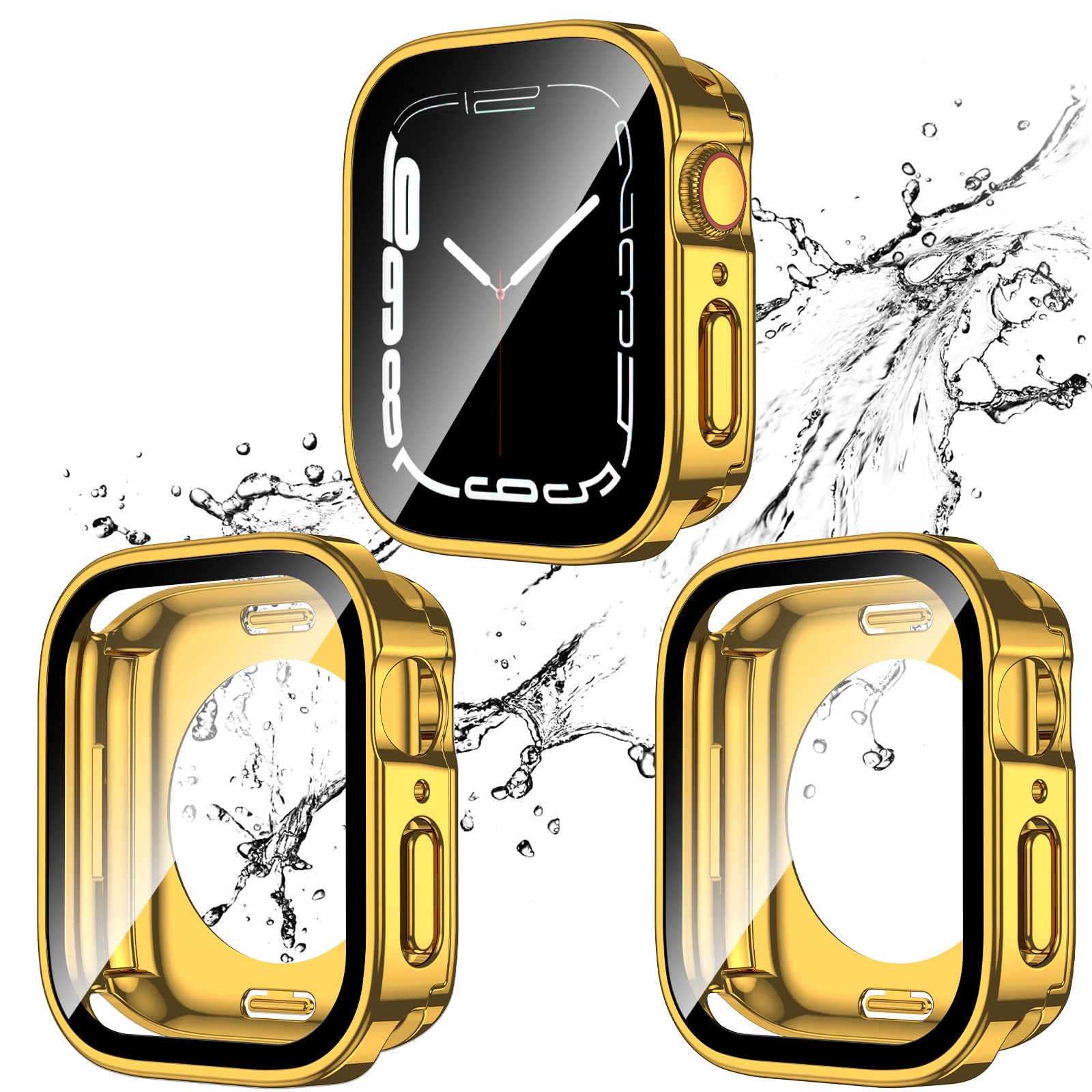 2 Pack 2 in 1 Waterproof Case for Apple watch Series SE 6 5 4 40mm, Straight Edge PC Front & Back Bumper with Tempered Glass Screen Protector 360 Protective Cover for iWatch (44mm, Gold/Gold)