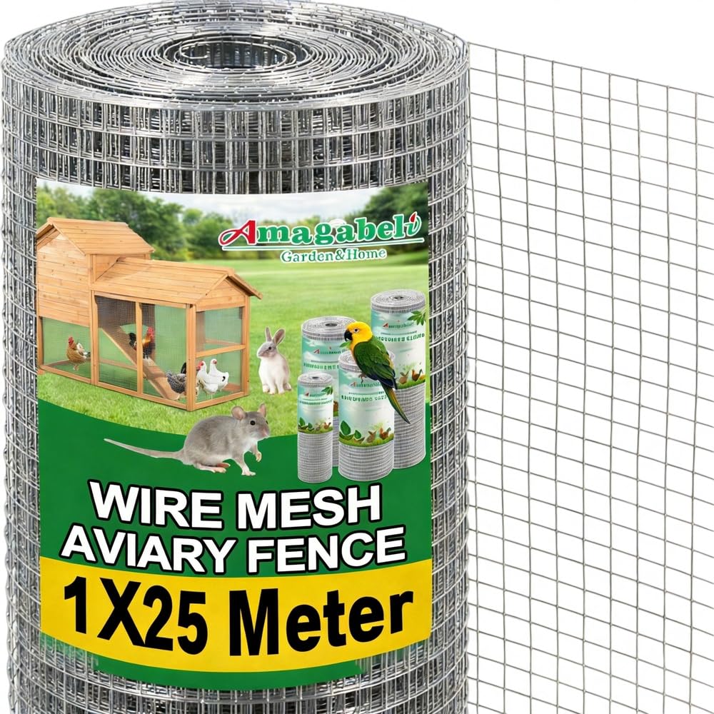 Amagabeli 1.0Mx25M,12.7mm Holes 0.7mm Galvanized Welded Chicken Wire Mesh Roll Aviary Fence Wire Hot-Dipped Mesh Fencing Hardware Cloth Coop Rabbit Snake Animal Enclosure