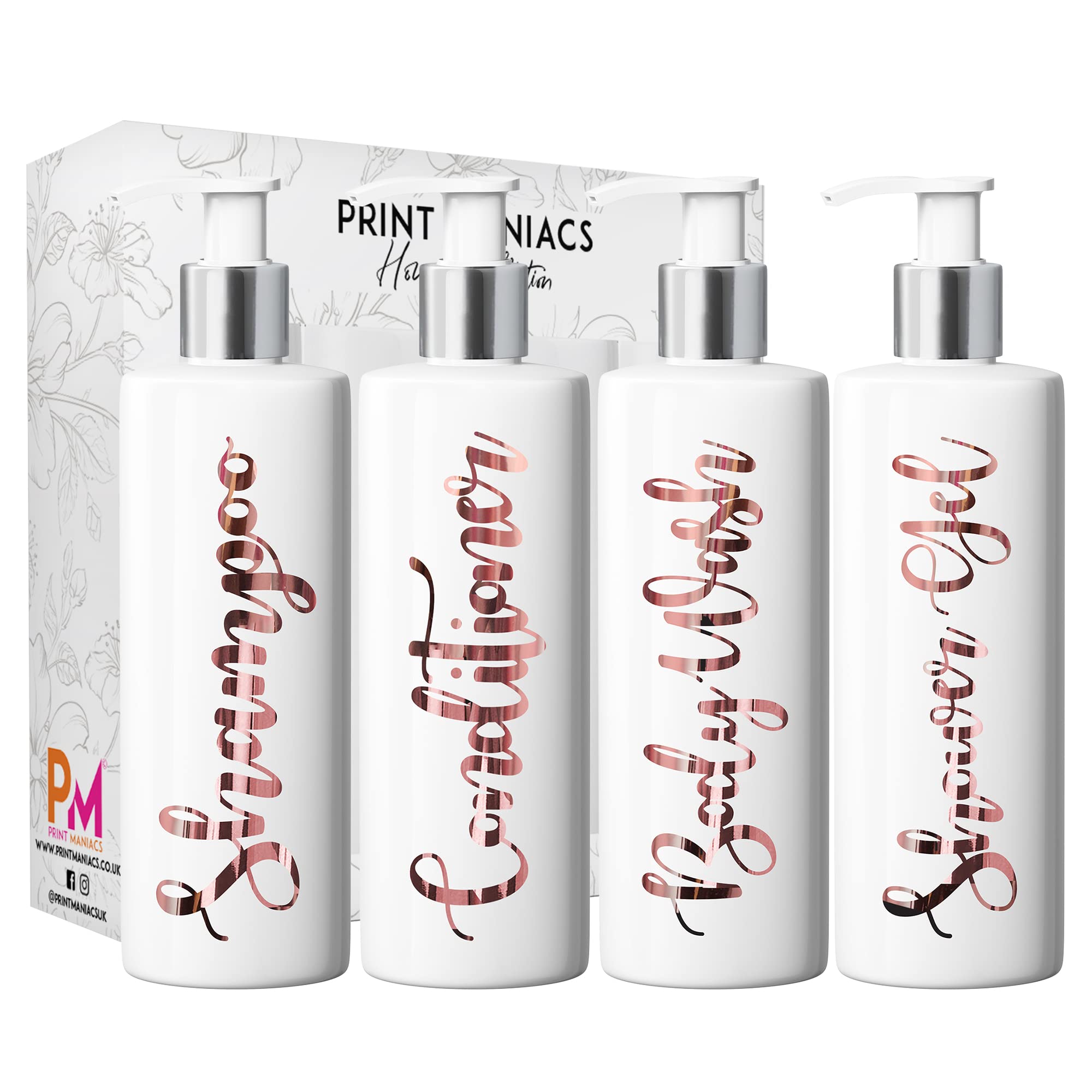 Print Maniacs White Mrs Hinch Inspired Personalised 500ml Pump Bottles Bathroom Lotion Kitchen Set Shampoo Conditioner (Shower Gel Set) (Rose Gold)
