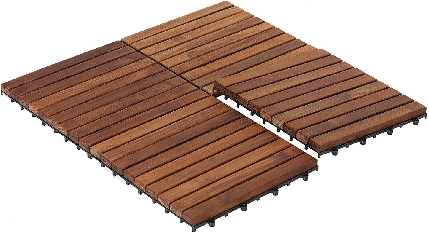 Bare Decor EZ-Floor Interlocking Flooring Tiles in Solid Teak Wood Oiled Finish (Set of 10), Long 9 Slat - - 