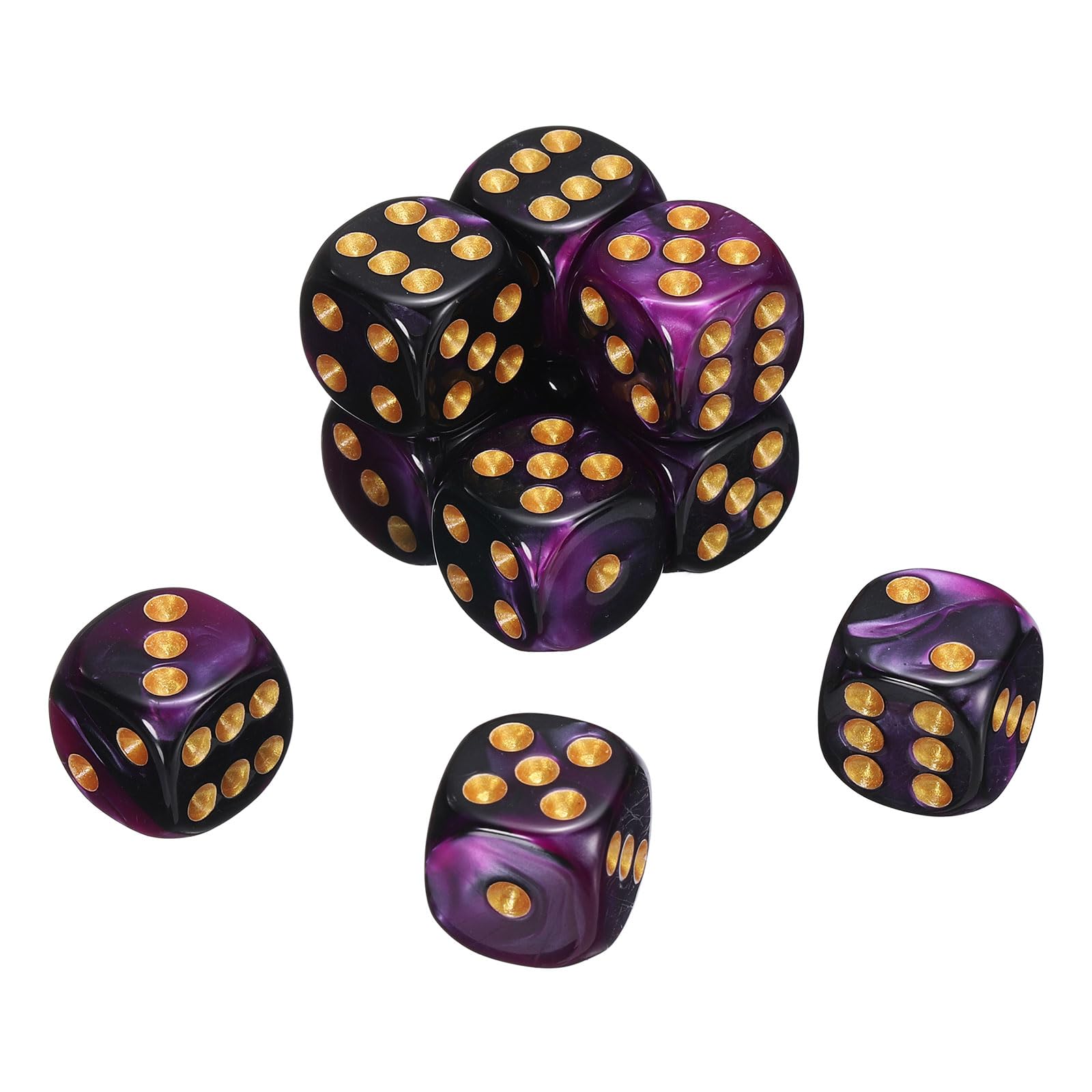 sourcing map 10Pcs 6 Sided Standard Dice, 2 Colors 16mm Acrylic D6 Mini Polyhedral Pearl Pattern Game Dice Set for Table Games, Purple and Black/Gold Point — image 1