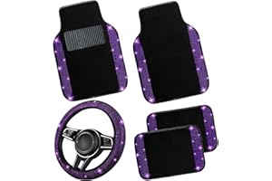 NBTEPEM Bling Car Floor Mats Full Set and Steering Wheel Cover, Universal Fit Most Cars, 4 pcs Sparkle Glitter Diamond Carpet, 5 pcs Bling Car Accessories Set for Women (Purple Violet Diamond)