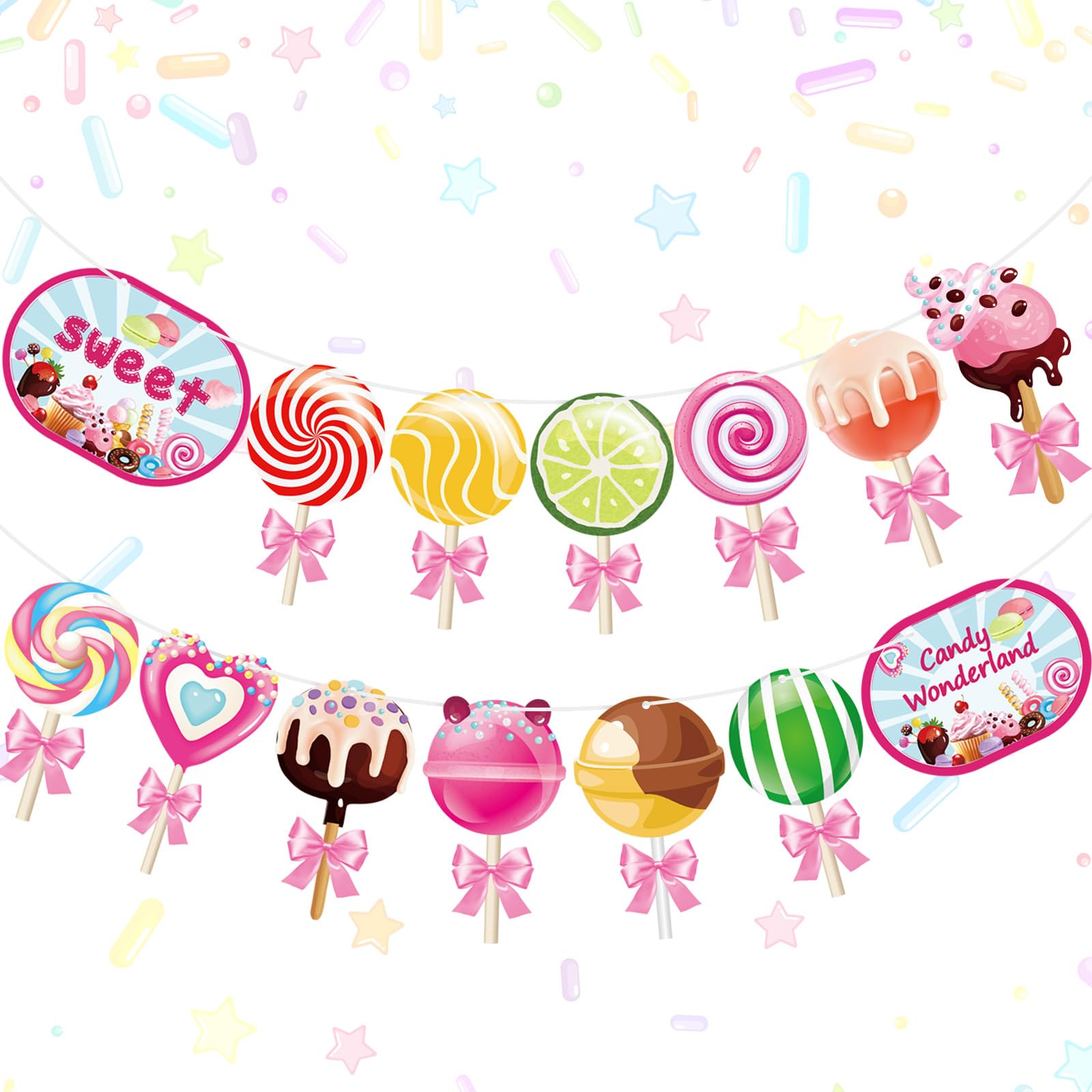 Blulu 2 Pcs Candy Party Decorations Candy Paper Banner Lollipop Garland Wonderland Party Hanging Decorations Sweet Theme Cutout for Classroom Decor Birthday Baby Shower Supplies