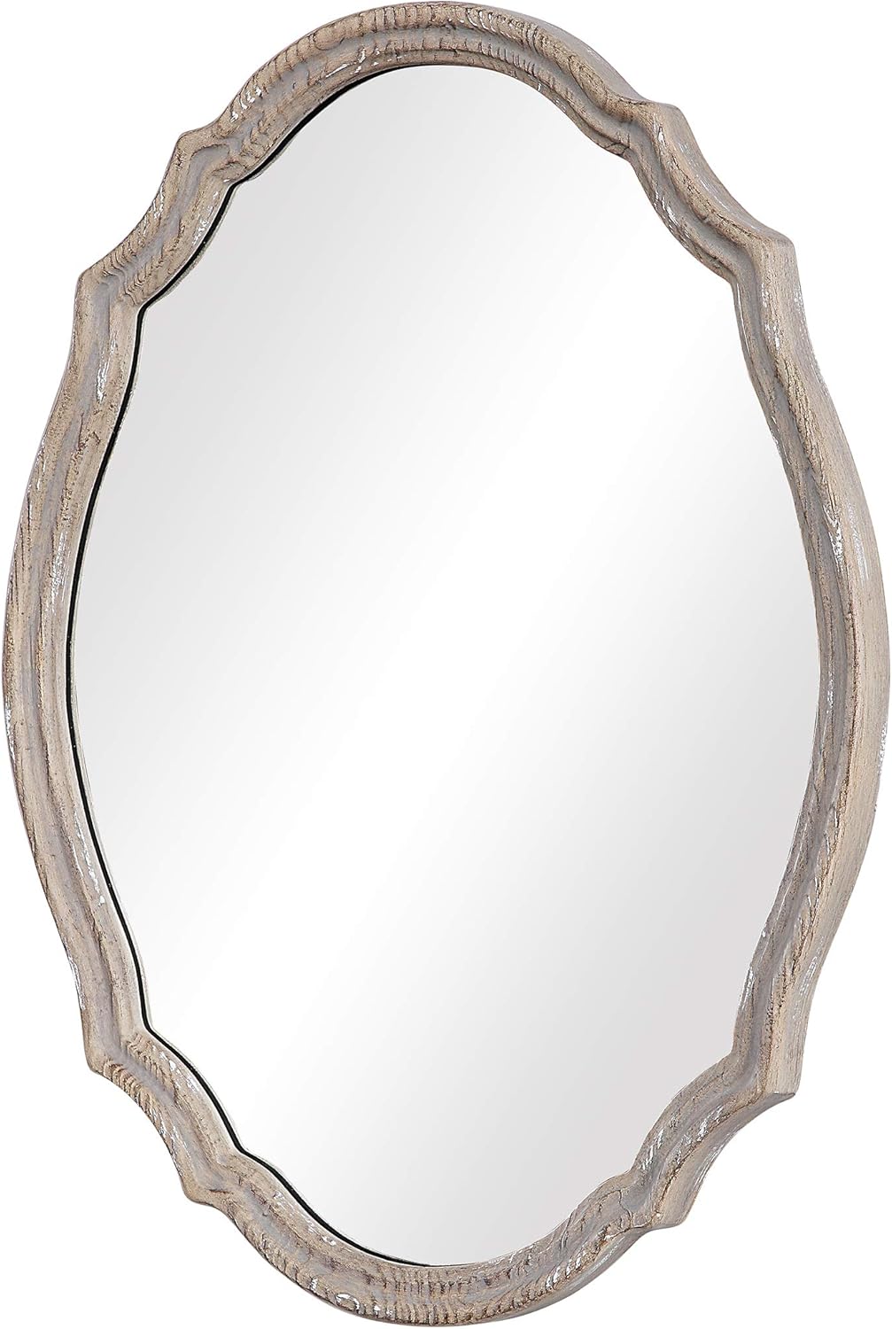 Benjara Oval Wooden Wall Mirror with Scalloped Top, Natural