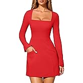 OQQ Women's Club Dresses Squart Neck Long-Sleeve A-Line Mini Dress with Pockets
