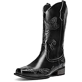 DREAM PAIRS Women's Square Toe Cowboy Cowgirl Boots Pull On Low Chunky Heel Mid Calf Western Boots with Embroidered Stitched for Theme Party Country Concert