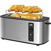 Anfilank Long Slot 4 Slice Toaster, Countdown Timer, 6 Browning Settings, Cancel/Bagel/Defrost Functions, Built-in Warming Ra