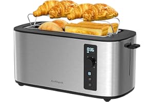 Anfilank Long Slot 4 Slice Toaster, Countdown Timer, 6 Browning Settings, Cancel/Bagel/Defrost Functions, Built-in Warming Ra