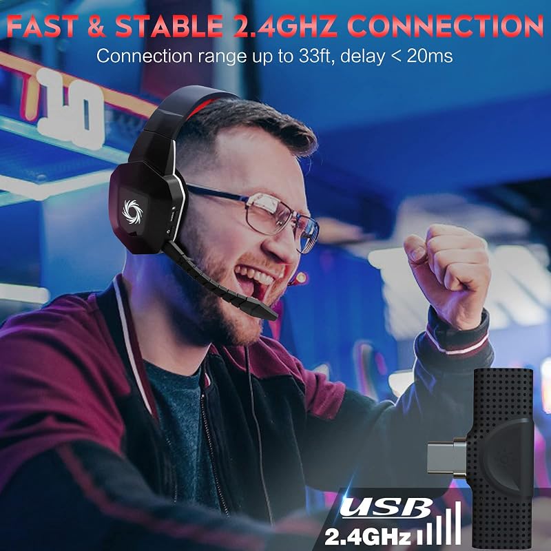 Cuffie Gaming Wireless per Switch/Ps4/Ps5/PC, 2,4GHz Wireless+Bluetooth,Cuffie da Gaming Senza Filo potenziamento dei bassi, Durata di Oltre 30+ Ore (Silvery)