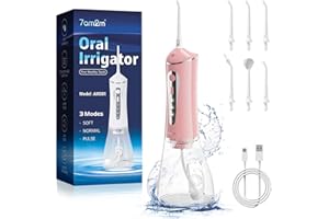 7AM2M Water Dental Flosser Cordless for Teeth,300ML Rechargeable Travel Portable Cleaner,with 6 Jet Tips and 3 Modes, Water Dental Flosser Picks for Cleaning (Pink)