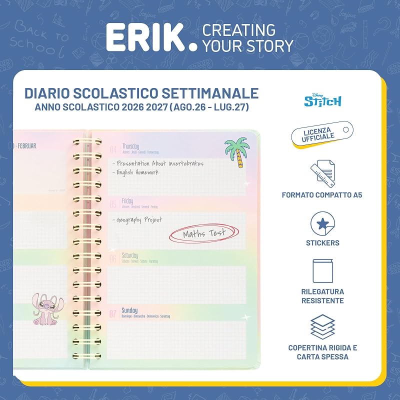 Stitch Diario Scuola 2026 2027 - Agenda Settimanale A5