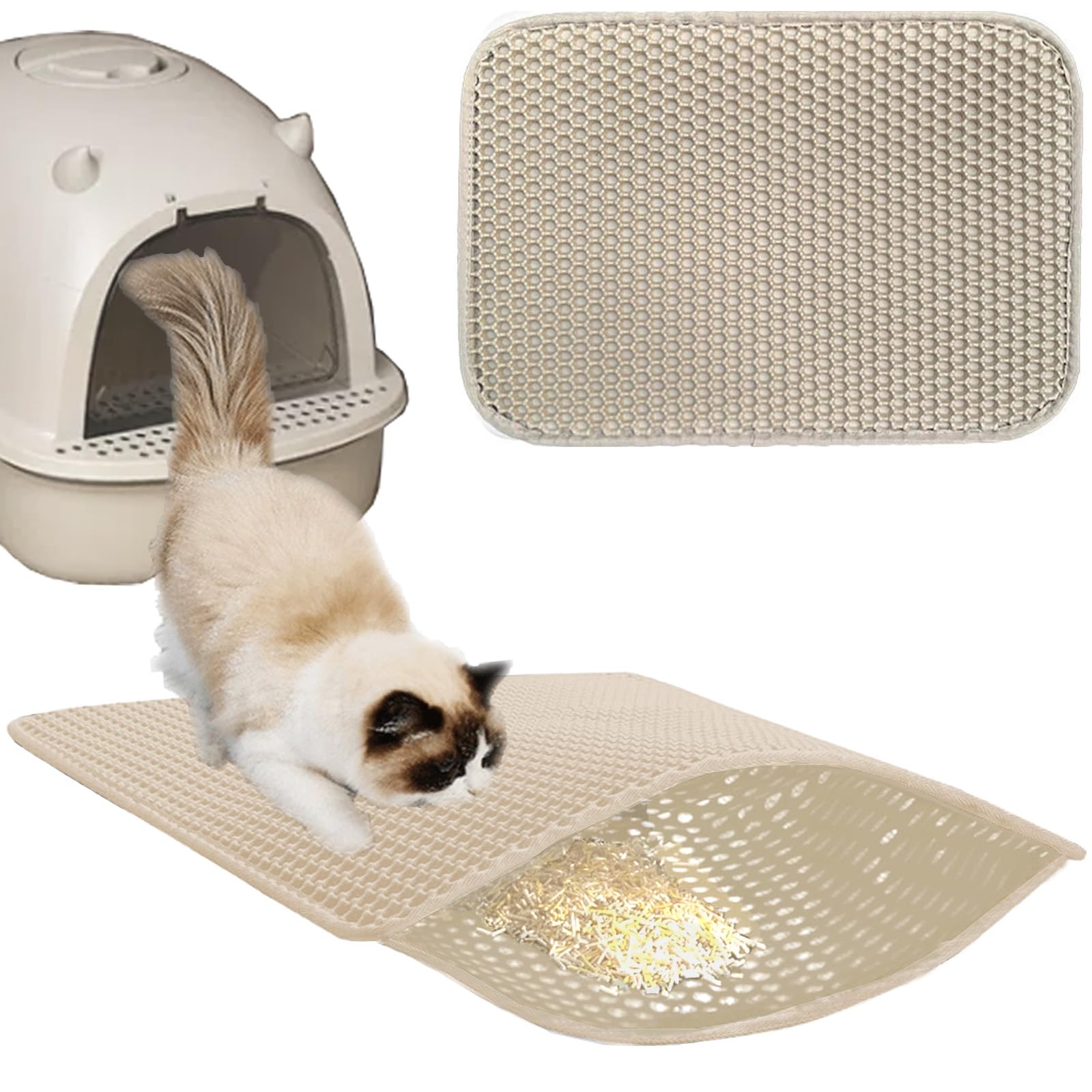 猫用トイレマット 猫砂取りマット 60x45CM 猫砂の飛び散り防止 蜂房の設計 マット 二重構造 砂取りマット 再利用可能 ペットキレイ 洗える 掃除簡単 EVA滑り止め 防水 マッサージ式 高耐久 (カーキ)