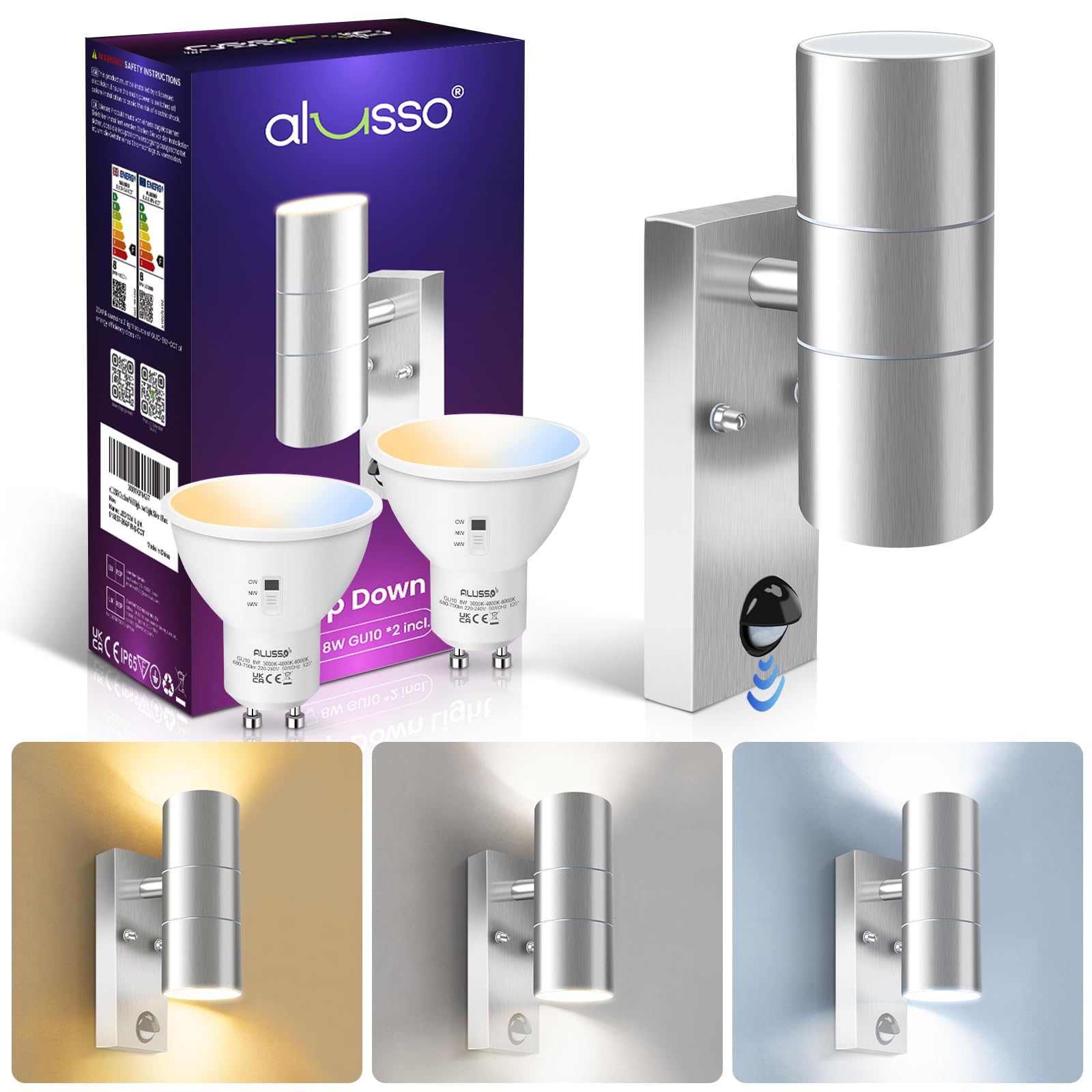 ALUSSO LED Outdoor Wall Light Motion Sensor,IP65 Stainless Steel Up Down Light Mains Powered,Warm White/Neutral White/Cool White Selectable,2x8W GU10 Included,Outside Sconce Wall Mounted for Porch