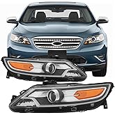 Headlights Assembly Set With Bulbs For 2010 2011 2012 Ford Taurus SE SEL Limited SHO Sedan Replacement Halogen Headlamps Housing Driver&amp;Passenger Side Chrome Trim Clear Lens(Left LH&amp;Right RH) Light
