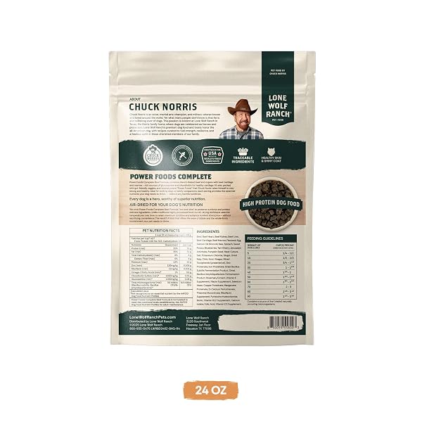 LONE WOLF RANCH CHUCK NORRIS POWER FOODS COMPLETE AIR-DRIED DOG FOOD WITH HIGH PROTEIN, SUPERFOODS, AND GLUCOSAMINE (BEEF, 24OZ)