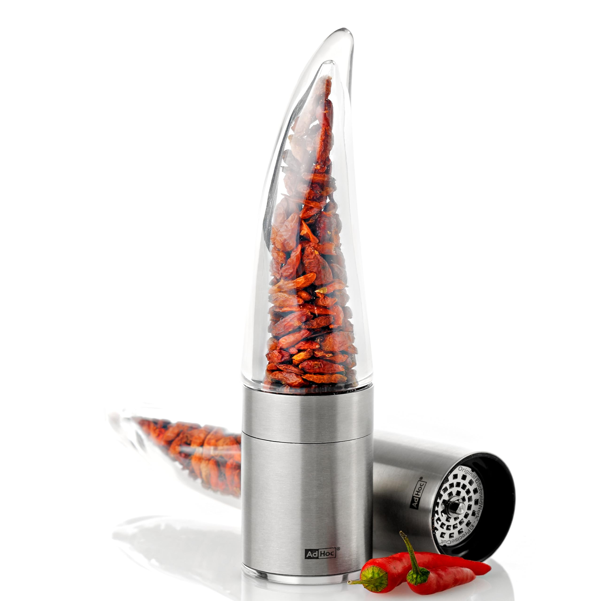 AdHoc Pepe Chilli Cutter, Stainless Steel/Acrylic, PreciseCut Technology, Dried Herbs and Spices Cutter, (H) 205mm X (D) 45mm, Clear/Silver