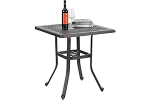 PHI VILLA Cast Aluminum Patio Bistro Dining Table Clearance with 1.97" Umbrella Hole, 27.5" Square Side Dining Table with Frosted Surface for Lawn Garden Yard