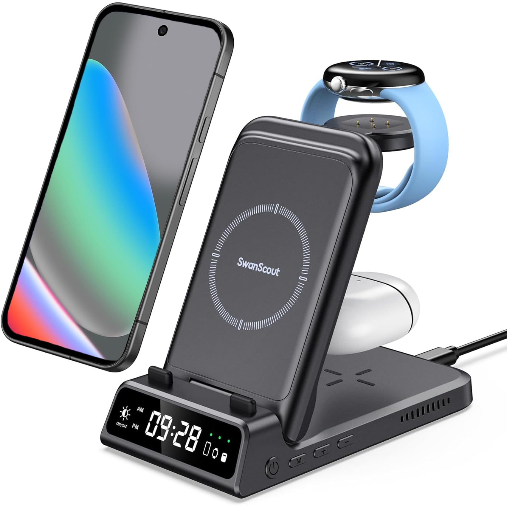 Photo 1 of Wireless Charger Stand for Pixel Watch 3/2 (Not for Pixel Watch 4/1), 3 in 1 Charging Station for Google Pixel 9a/9 Pro/9/8/7/6/5/4, Pixel Buds Pro 2, SwanScout 703G2 (No Adapter)