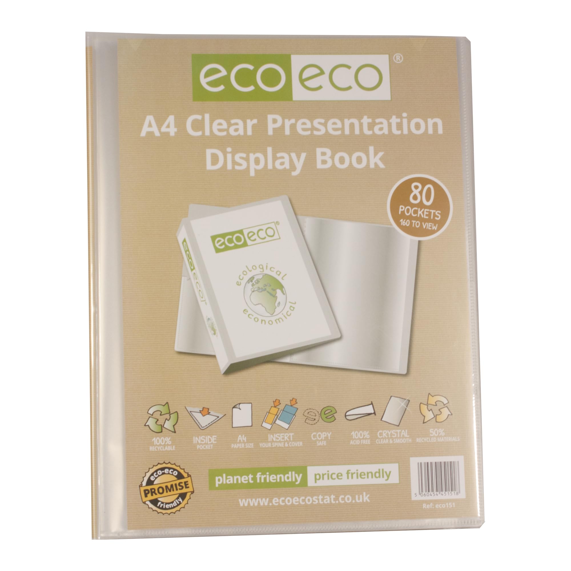 eco-eco A4 Size 50% Recycled 80 Pocket Clear Presentation Display Book, Storage Case Portfolio Art Folder with Plastic Sleeves, eco151