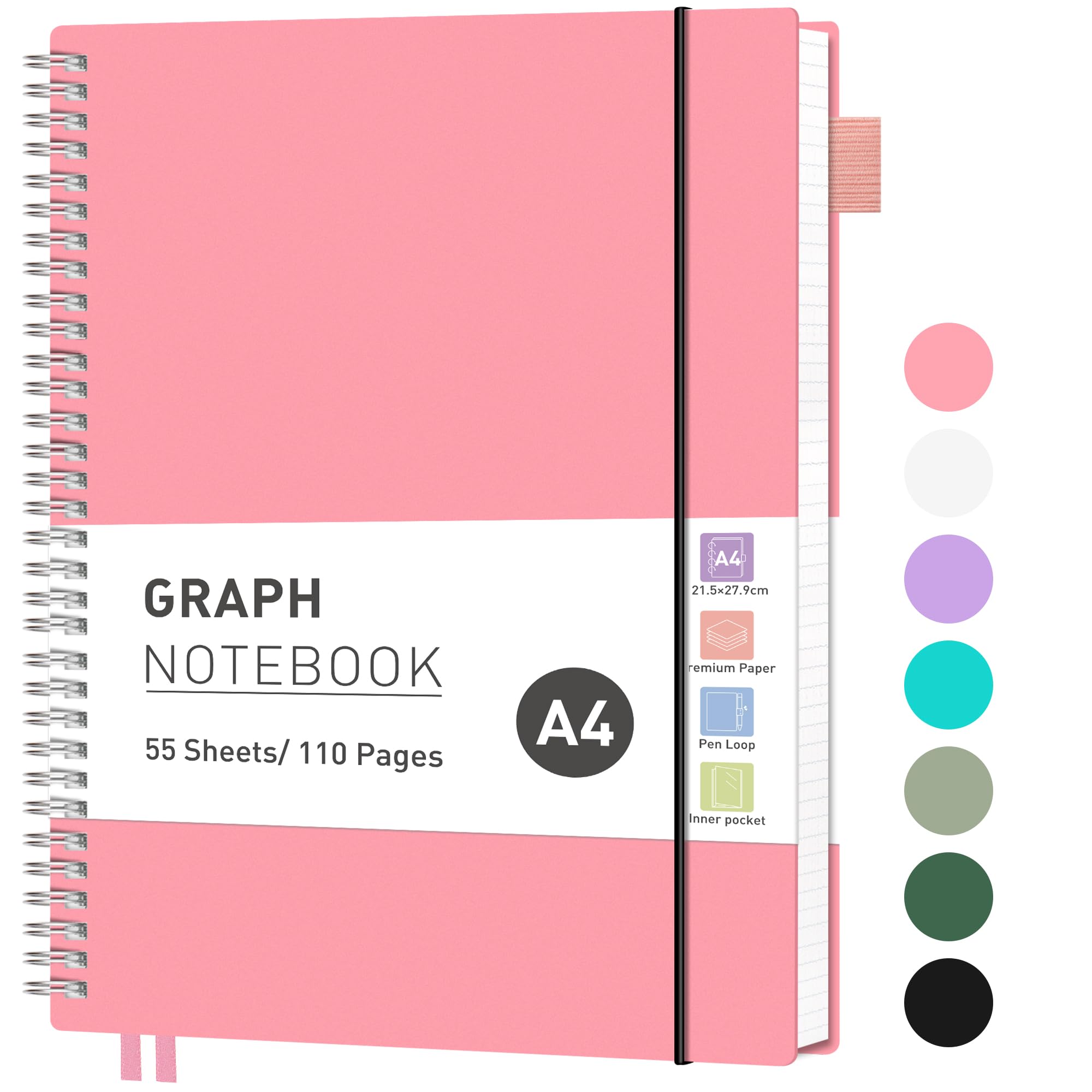 RETTACY Graph Grid Paper Notebook, 110 Pages, A4 Size (21.5 x 28 cm), 5mm per Square, 100 GSM Thick Paper, Flexible Plastic Cover, Spiral-bound, for School, Students, Math, Engineering (Pink)