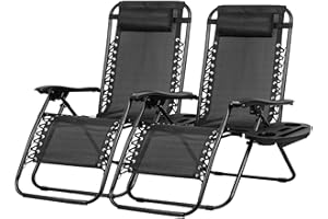 Nazhura Set of 2 Relaxing Recliners Patio Chairs Adjustable Steel Mesh Zero Gravity Lounge Chair Beach Chairs with Pillow and Cup Holder Black