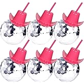Tongnian Disco Ball Cups,6 Pcs Silver Disco Cups with Cowboy Hat Lid and Straw, Sparkly Glitter Disco Ball Tumbler Pink Western Cowgirl Hat Disco Ball Cocktail Cup for Party Supplies