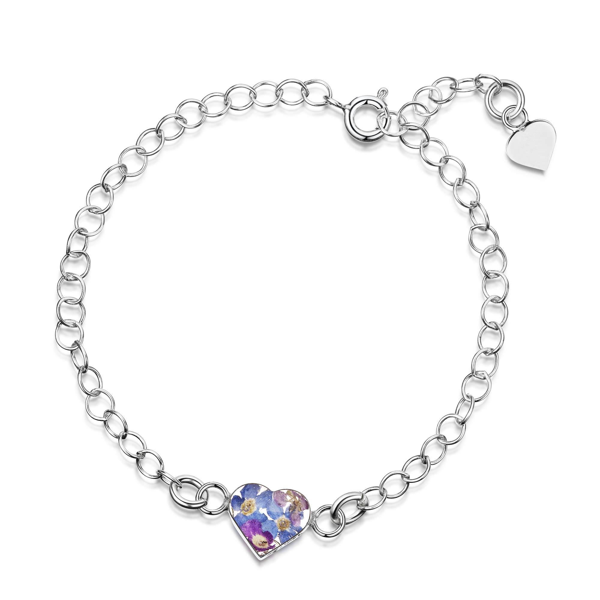 Shrieking Violet 925 Sterling Silver Heart Real Flower Chain Bracelet - Assorted Flowers (Purple Haze)