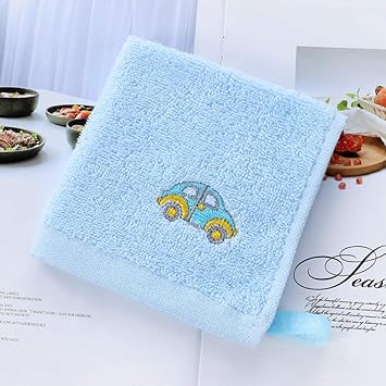 Amazon Co Jp 純綿小四角25 25cm刺繡四角タオル子供用フェイスタオル 青い 25 25cm スポーツ アウトドア