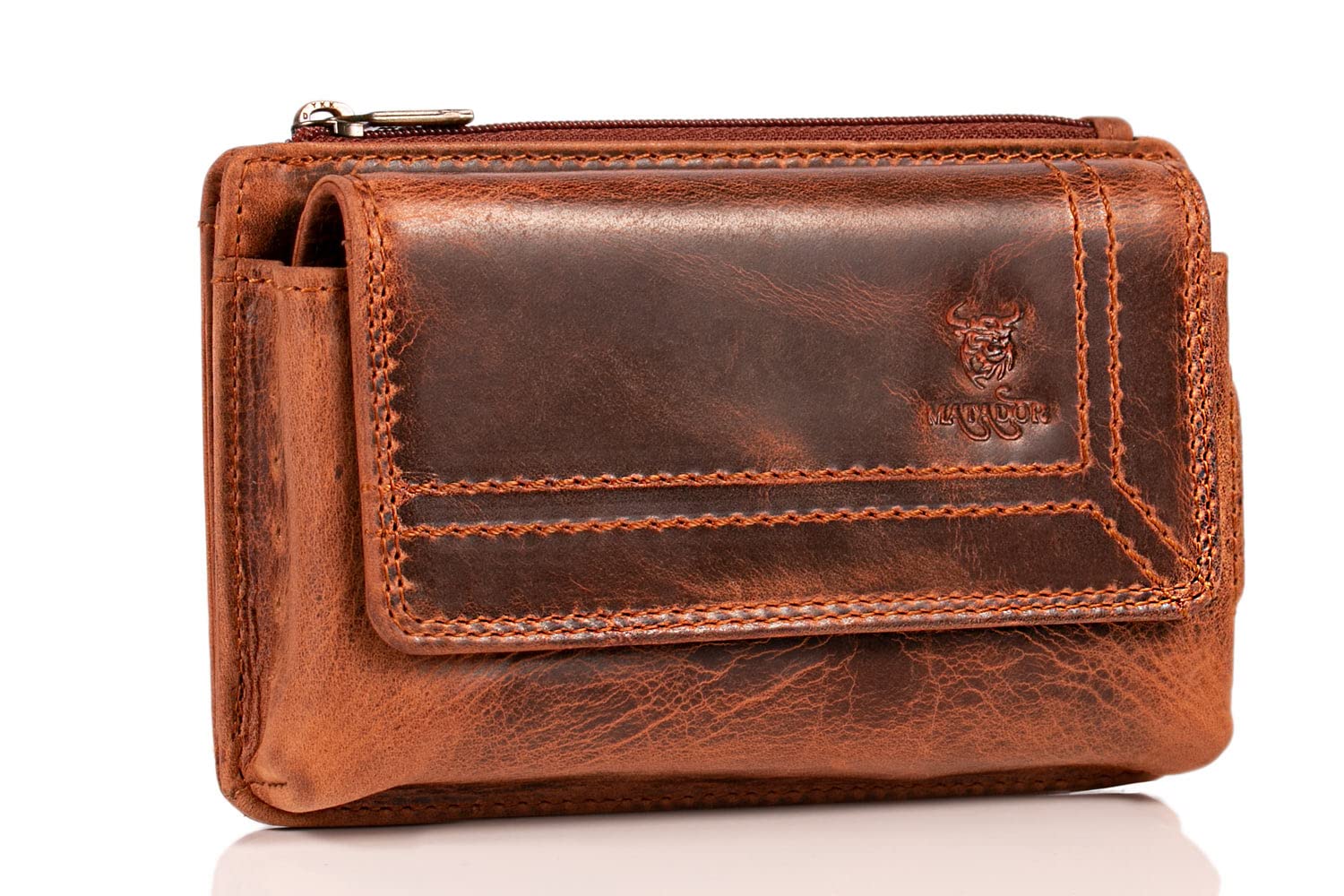 MATADOR Genuine Leather Belt Pouch with Velcro Closure and YKK Zipper Compartment with RFID Protection for Cards, Banknotes and Coins - Mobile Phone Case
