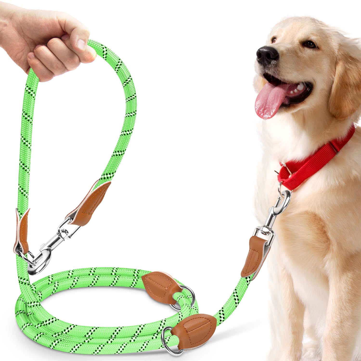 PETCOOZ Training Lead for Dogs, 3M/9.8ft Adjustable Double Ended Dog Lead for Medium Large Dogs, Professional Reflective Stop Pulling Leash, Hands Free Dog Leads for Running Walking, Neon Green
