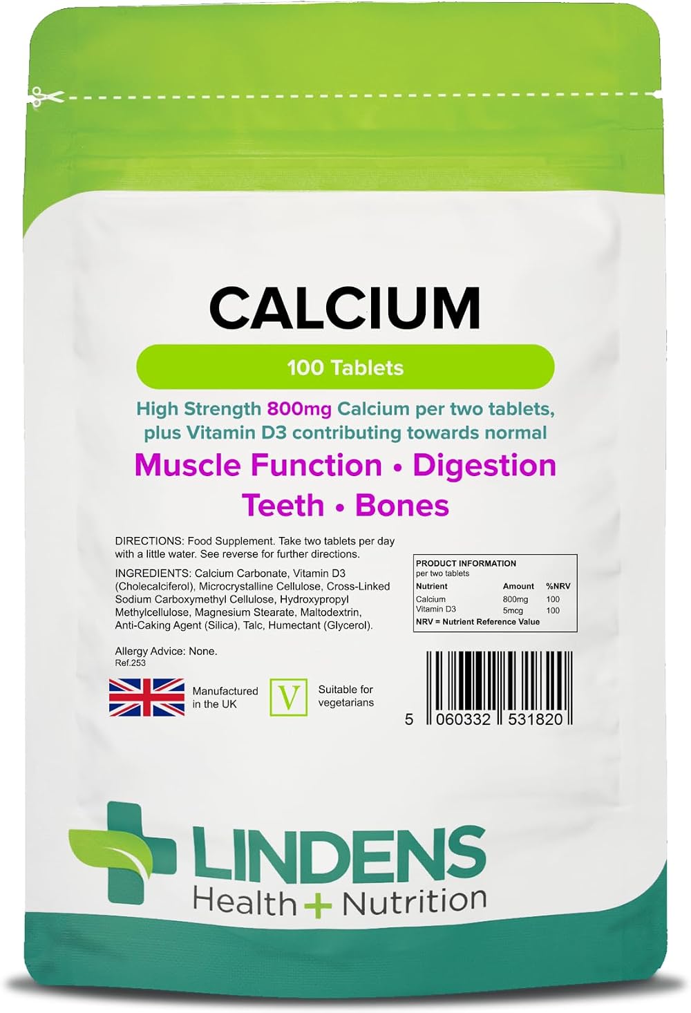Lindens Calcium 800mg with Vitamin D3 100 Tablets UK Made Letterbox Friendly