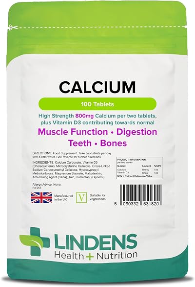 Lindens Calcium 800mg with Vitamin D3 100 Tablets UK Made Letterbox Friendly