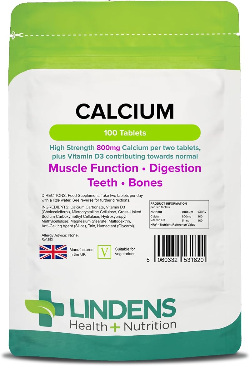 Lindens Calcium 800mg with Vitamin D3 100 Tablets UK Made Letterbox Friendly