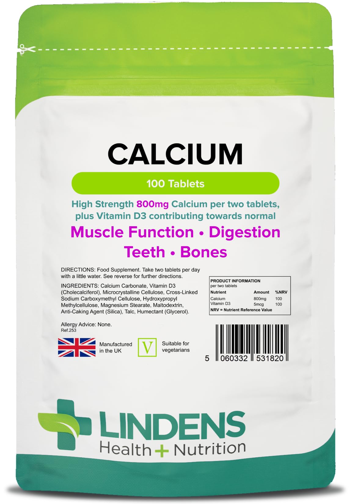 Lindens - Calcium 800mg with Vitamin D3-100 Tablets - UK Made - Contributes to Normal Muscle Function, Bones, Teeth and Digestion - Letterbox Friendly