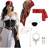 ZhouBoat 6Pcs Pirate Costume Accessories Set for Women Head Scarf Red Sash Belt Waist Chain Necklace Earrings Eye Patch for Party Renaissance