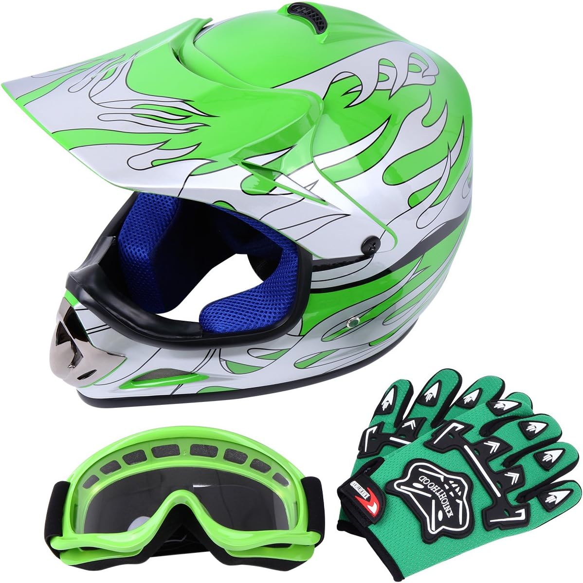 Samger DOT Youth Kids Offroad Helmet Motocross Helmet Dirt Bike ATV Motorcycle Helmet Gloves Goggles (M, Green)