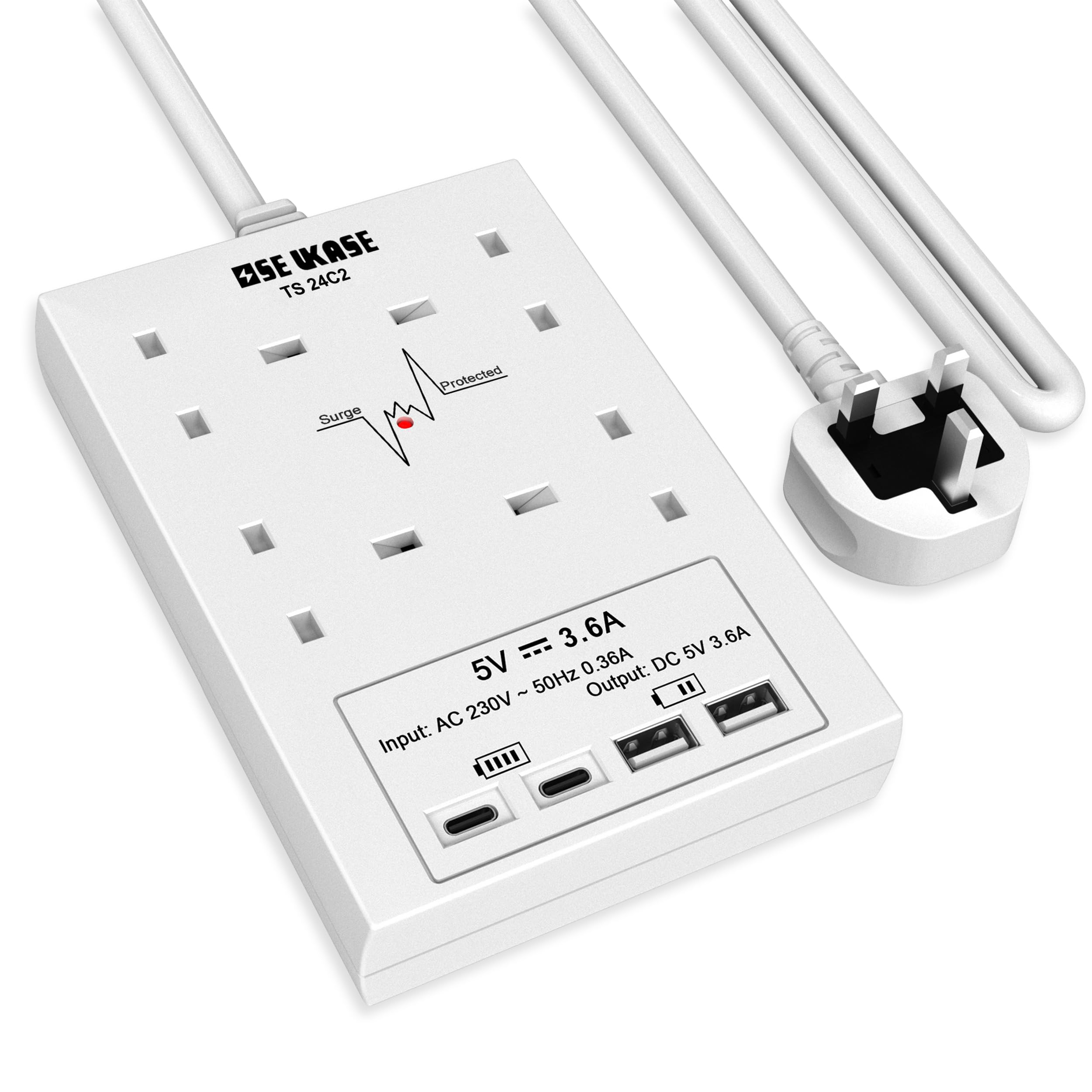 Extension Lead with USB Slots, 4 Way Socket Surge Protection with 4 USB Charger(2C+2A) Multi Plug 2990W Safety Shutter with 1.8M Extension Cord for TV PC Laptops Tablets