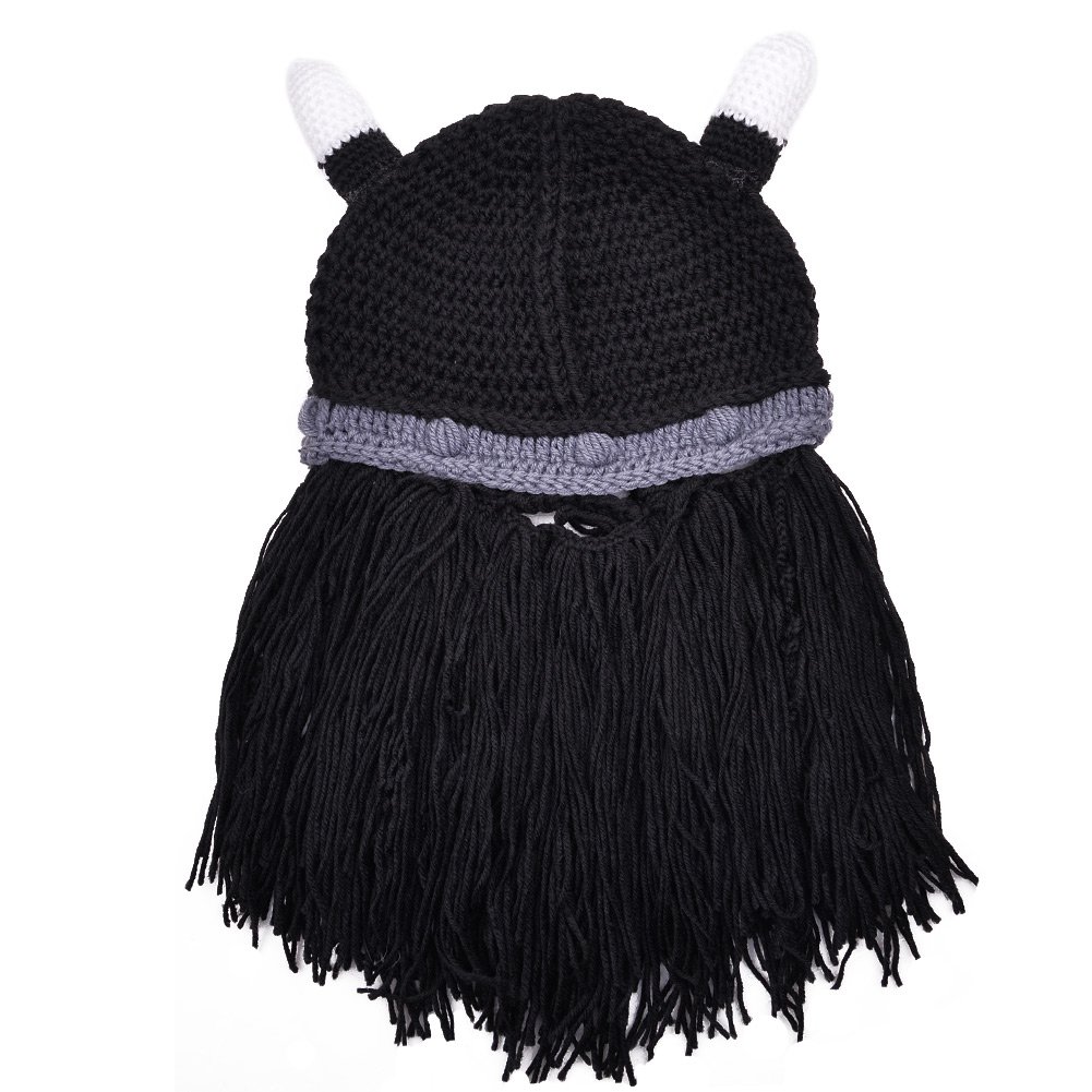 Vbiger Windproof Warm Knitted Beanie Hat Cap, Ox Horn and Beard, Black 3, OSFA