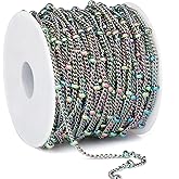 33 Feet Multi Color Satellite Curb Chain Roll, 2mm 304 Stainless Steel Colorful Ball Beaded Twisted Link Chains Spool Bulk for Jewelry Making DIY Craft
