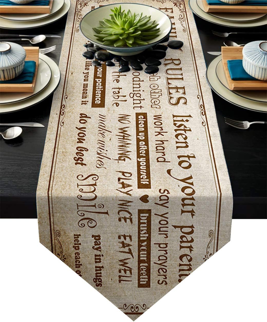 Fandim Fly Table Runner Inspirational Words on Retro Wood Grain Table Runners for Catering Events, Dinner Parties, Wedding, Indoor and Outdoor Parties, 13 x 70 Inch