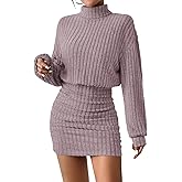 AUXDIO Women's Mock Neck Sweater Dress Fall Long Lantern Sleeve Bodycon 2026 Pullover Mini Short Dresses